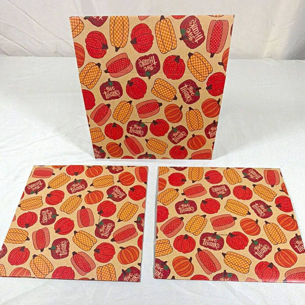 Lot of 3 Fall Pumpkin Give Thanks Collapsible Gift Boxes Thanksgiving 9x6